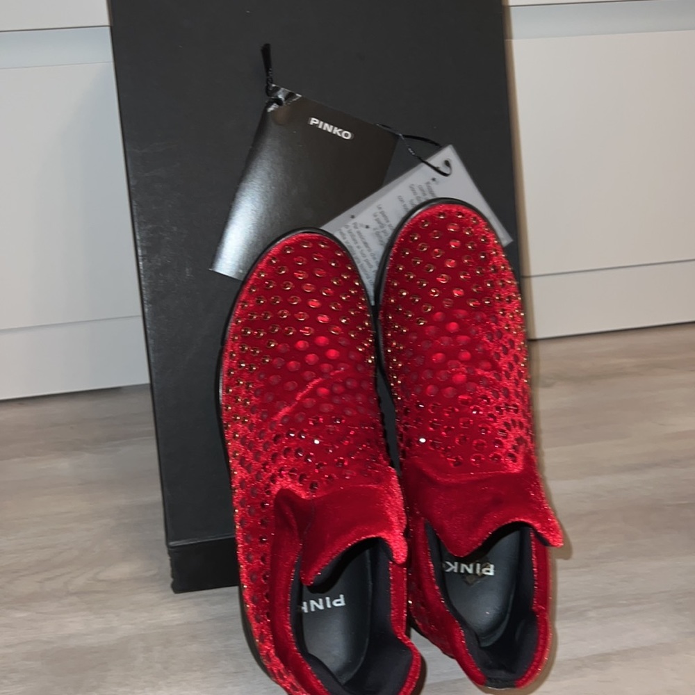 high end pinko red velvet rhinestone sneakers